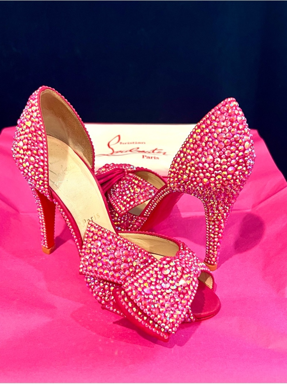 Christian Louboutin Swarovski Crystal Strass Heels With Bow Magenta Pink 36 🎀